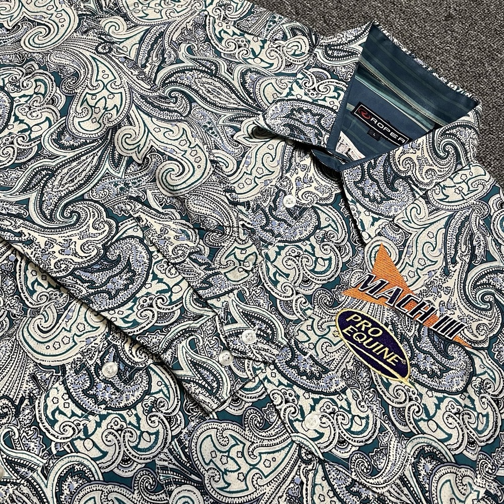 Roper Mach III Pro‎ Equine Paisley Western Shirt Blue Teal White Cotton L